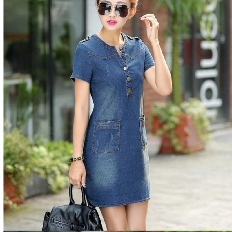 Plus Size Denim Dress Women Short Sleeve Dress Vestidos Robe Casual Slim V-neck Shirt Jeans Dress