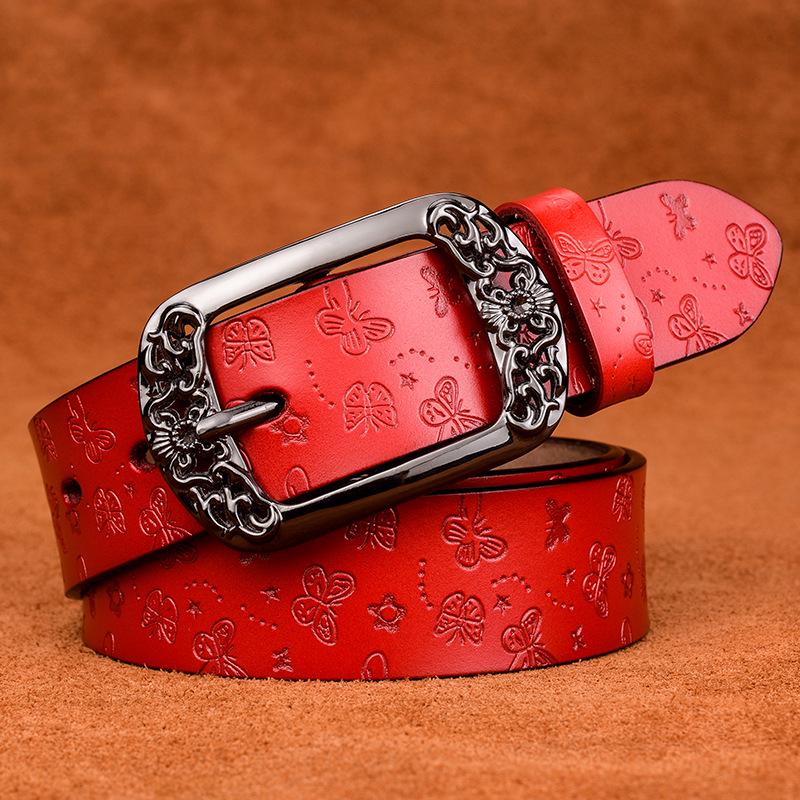 Belt New Retro Cowhide Leather Belt Women Fashion Embossing Pin Buckle Casual Jeans Wide