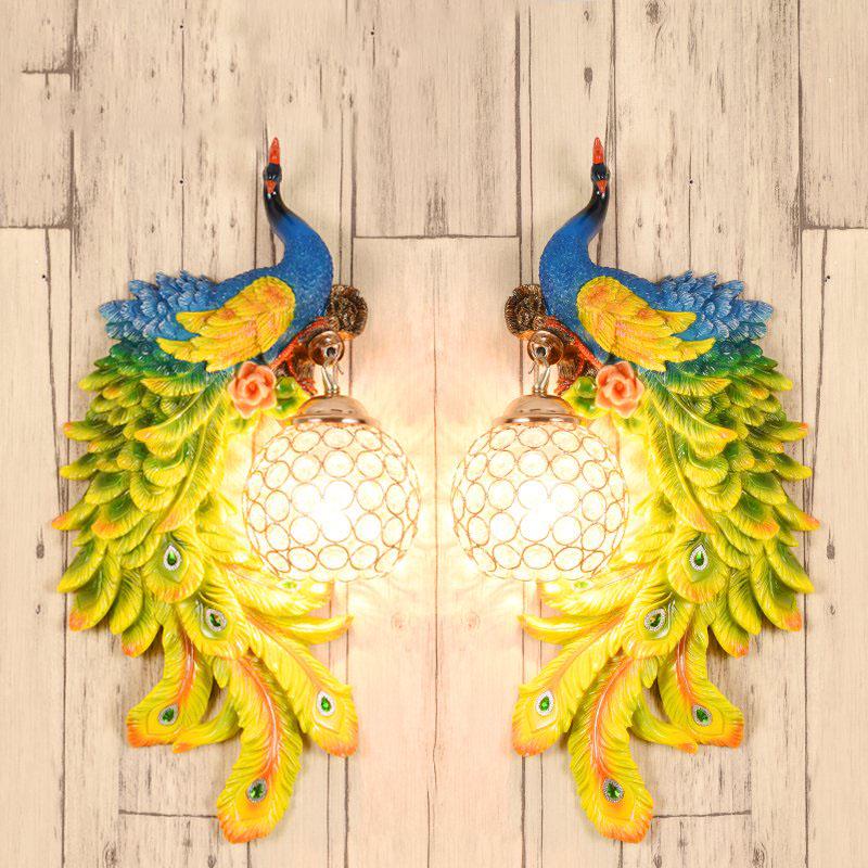 Retro peacock crystal LED wall lamp living room background bedroom bedside peacock phoenix wall lamp