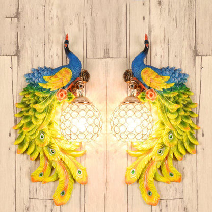 Retro peacock crystal LED wall lamp living room background bedroom bedside peacock phoenix wall lamp