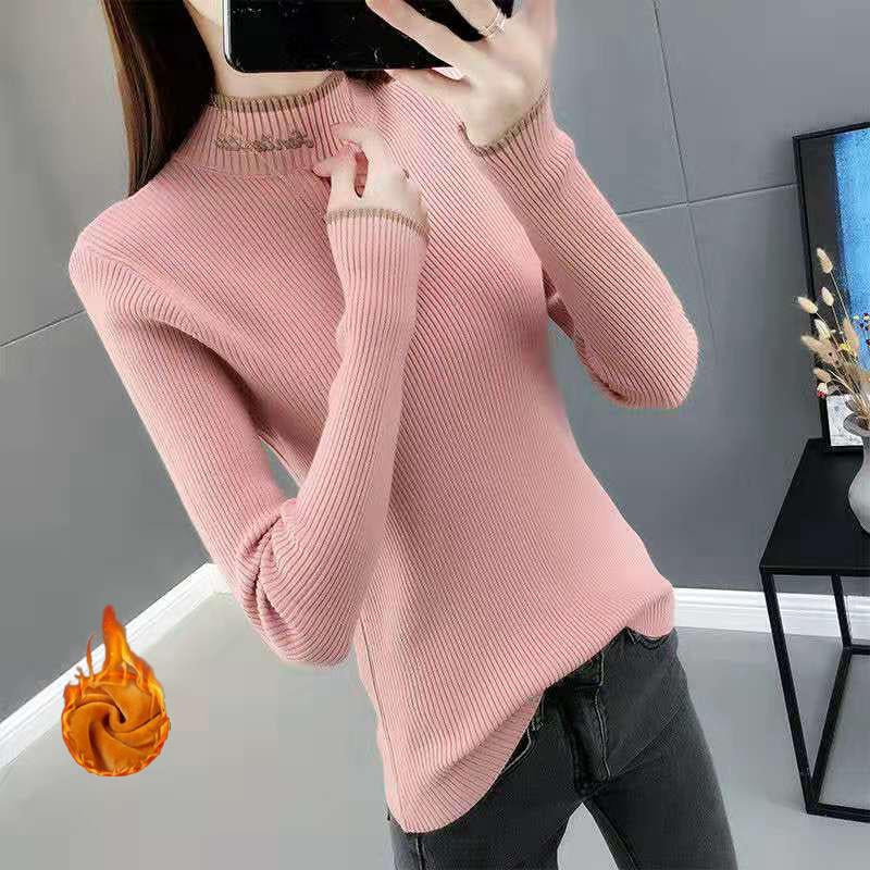 Autumn and Winter Korean Version of Warm Knit Sweater Slim Long-sleeved Solid Color Top Plus Velvet Thick Round Neck Sweater