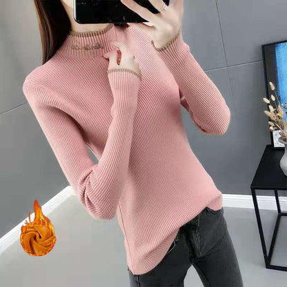 Autumn and Winter Korean Version of Warm Knit Sweater Slim Long-sleeved Solid Color Top Plus Velvet Thick Round Neck Sweater