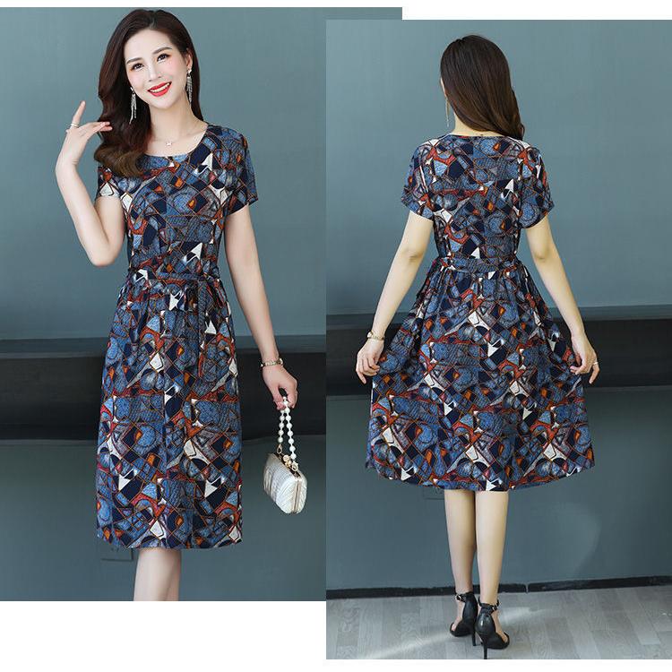 Women's Summer Dress Middle-aged Mother Cotton Short Sleeve Round Neck Printing Mid-length Daily Wear
