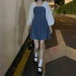 Women's Spring and Summer French Minority Retro Square Neck Bubble Sleeve Age Reduced Waist Long Sleeve Denim Dress