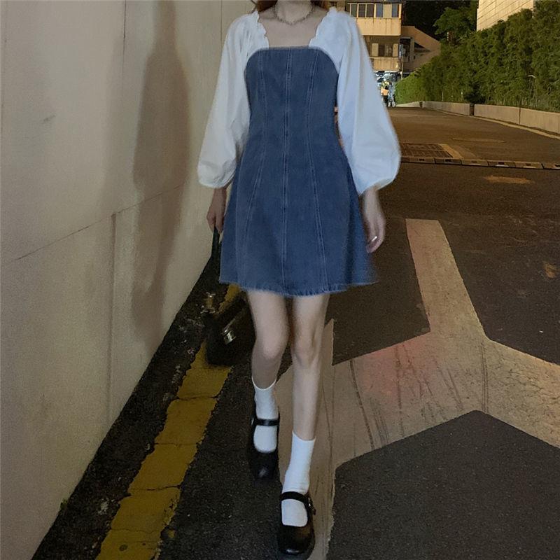 Women's Spring and Summer French Minority Retro Square Neck Bubble Sleeve Age Reduced Waist Long Sleeve Denim Dress