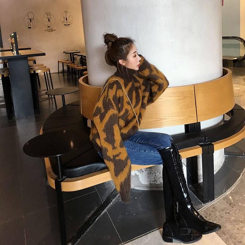 2 Colors Sexy Lady Turtleneck Leopard Sweater Knitwear Loose Pullover Jumper Short Top