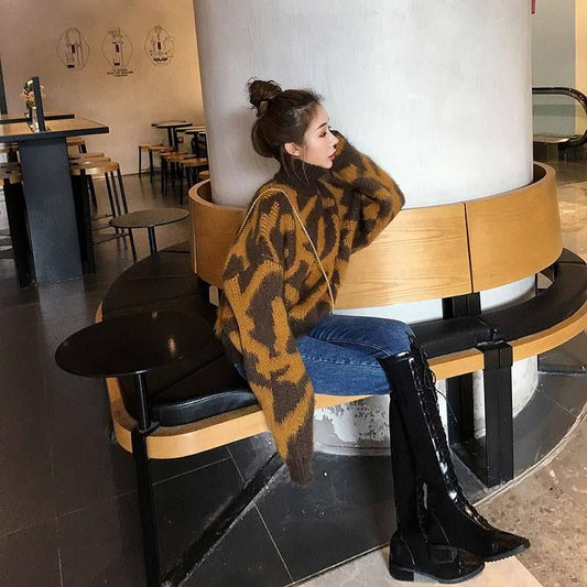 2 Colors Sexy Lady Turtleneck Leopard Sweater Knitwear Loose Pullover Jumper Short Top