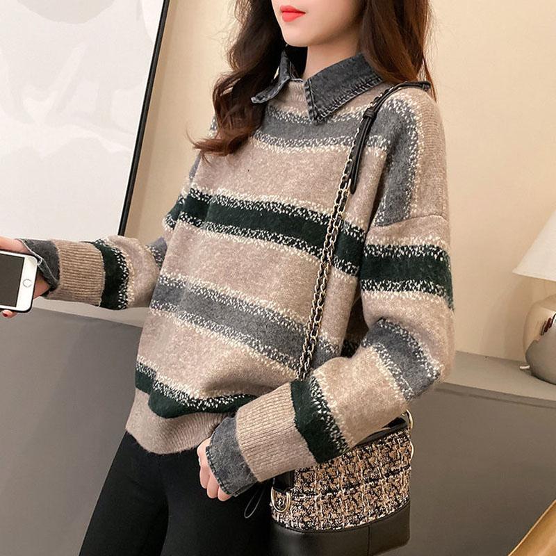 Fake Two Piece Stitching Shirt Denim Collar Sweater Women Autumn and Winter Korean Loose Fashion All-match Blouse Women