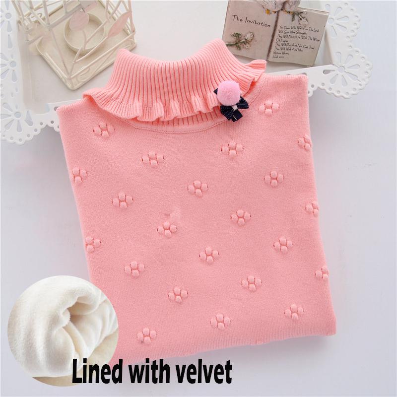 Girl Sweater Plus Velvet Thick Autumn and Winter Solid Color Set High Collar Long-sleeved Big Children's Knitting Shirt