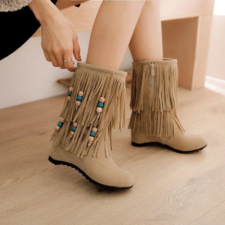 Fall/Winter Suede Boots Mihemia Beaded Inner Heightened Round Head Wedges Boots Tassel Ankle Boots Plus Size  34-43