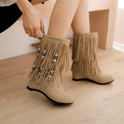 Fall/Winter Suede Boots Mihemia Beaded Inner Heightened Round Head Wedges Boots Tassel Ankle Boots Plus Size  34-43
