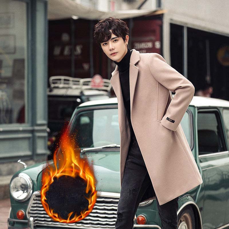 Men's Windbreaker Coat Youth Mid-length Plus Cotton Thick Coat Trendy Autumn and Winter Long Coat