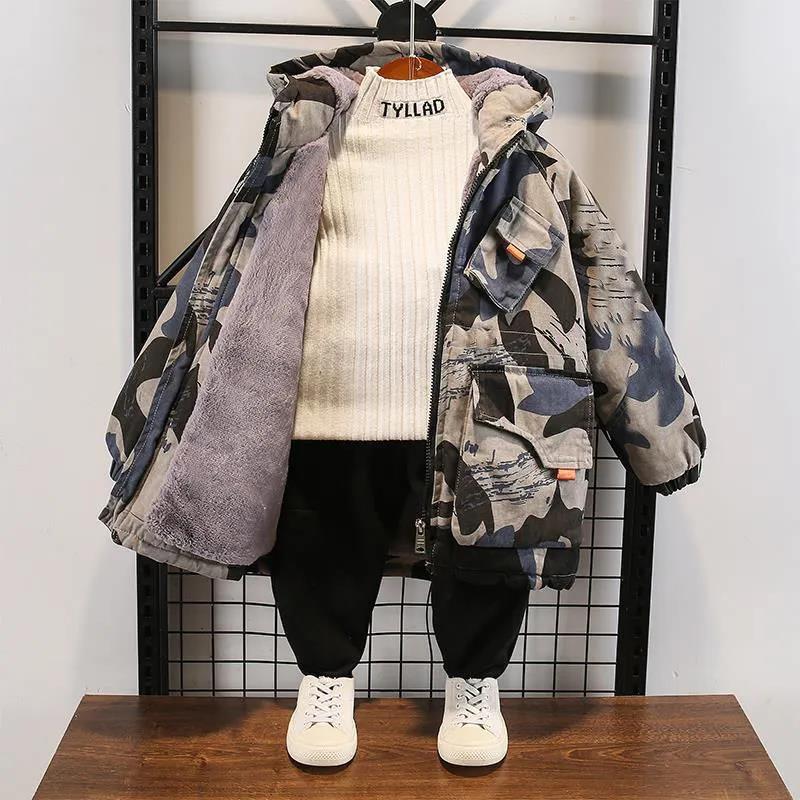 Boys Jacket Autumn and Winter Clothes Children's Quilted Plus Velvet Thick Windbreaker Foreign Style Camouflage Printed Cotton Jacket