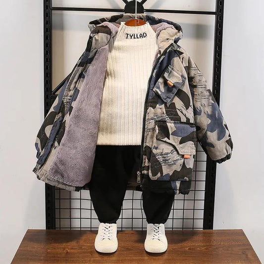 Boys Jacket Autumn and Winter Clothes Children's Quilted Plus Velvet Thick Windbreaker Foreign Style Camouflage Printed Cotton Jacket