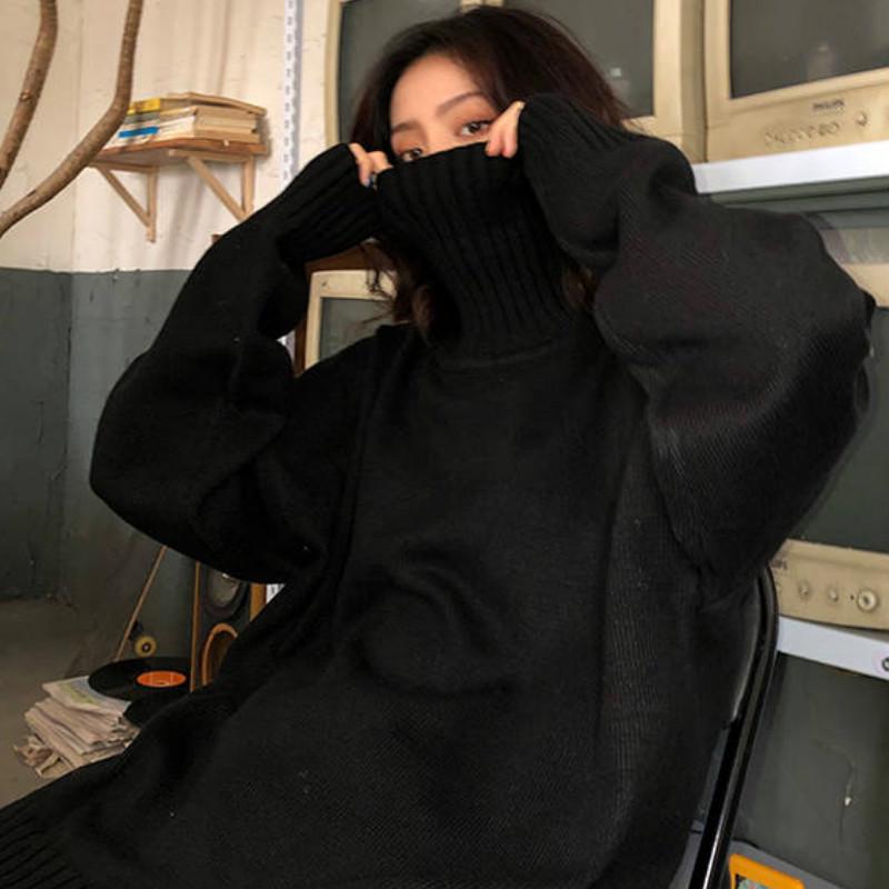 Pofulove Solid Color Thick Turtleneck Sweater Female Students Winter Lazy Wind Loose Pullover Knitted Jacket Wild Jacket