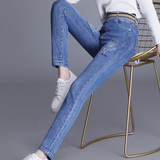High-end Jeans Women's Spring Light Color Elastic Waist High Waist Elastic Foreign Style All-match Pencil Pants with Small Feet