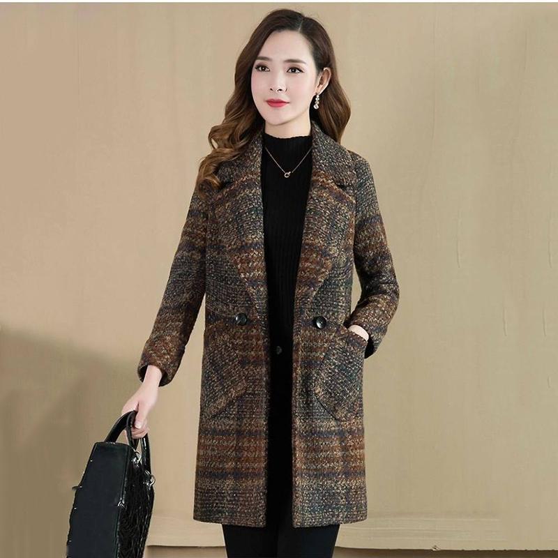 Women Wool Coat Plaid Women Loose Long Woolen Coats Winter Coat Woolen Overcoat Wool Jackets Trench