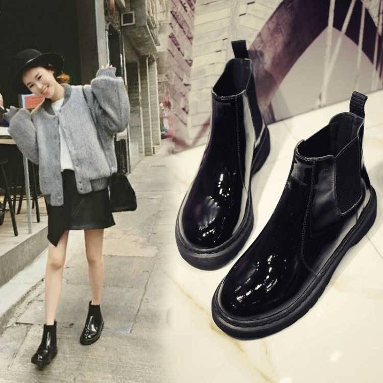 Women's Chelsea Boots Black Ankle Boots for Woman Thick High Heel Round Toe Winter Leather Shoes