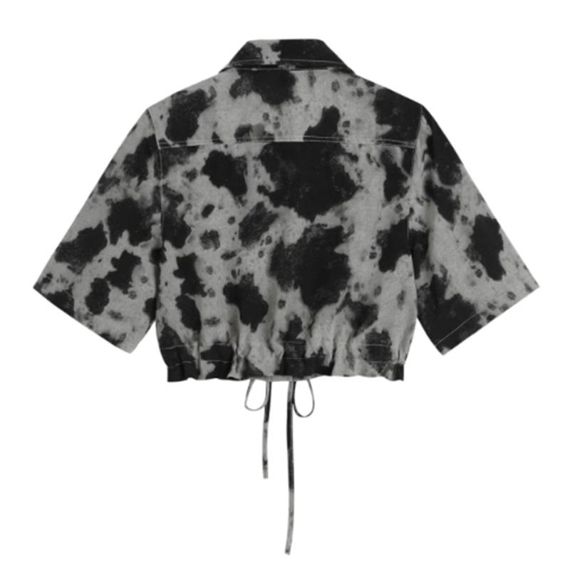 Short Hong Kong-style Tie-dye Shirt Women's Summer Thin Retro Shirt All-match Drawstring Waist Top Trendy Ins