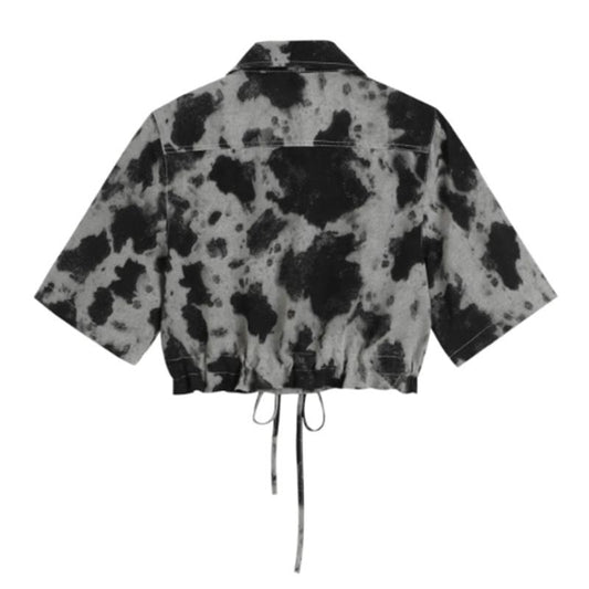 Short Hong Kong-style Tie-dye Shirt Women's Summer Thin Retro Shirt All-match Drawstring Waist Top Trendy Ins