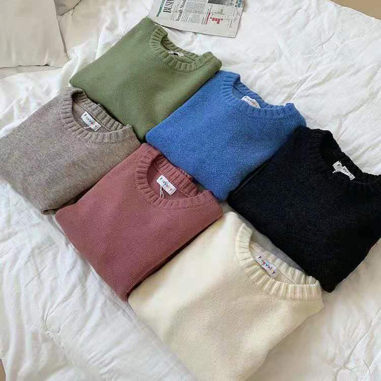 Lady Minimalist Simple Color Slim Knitwear O-neck Bottoming Top Pullover Sweater Jumper Top