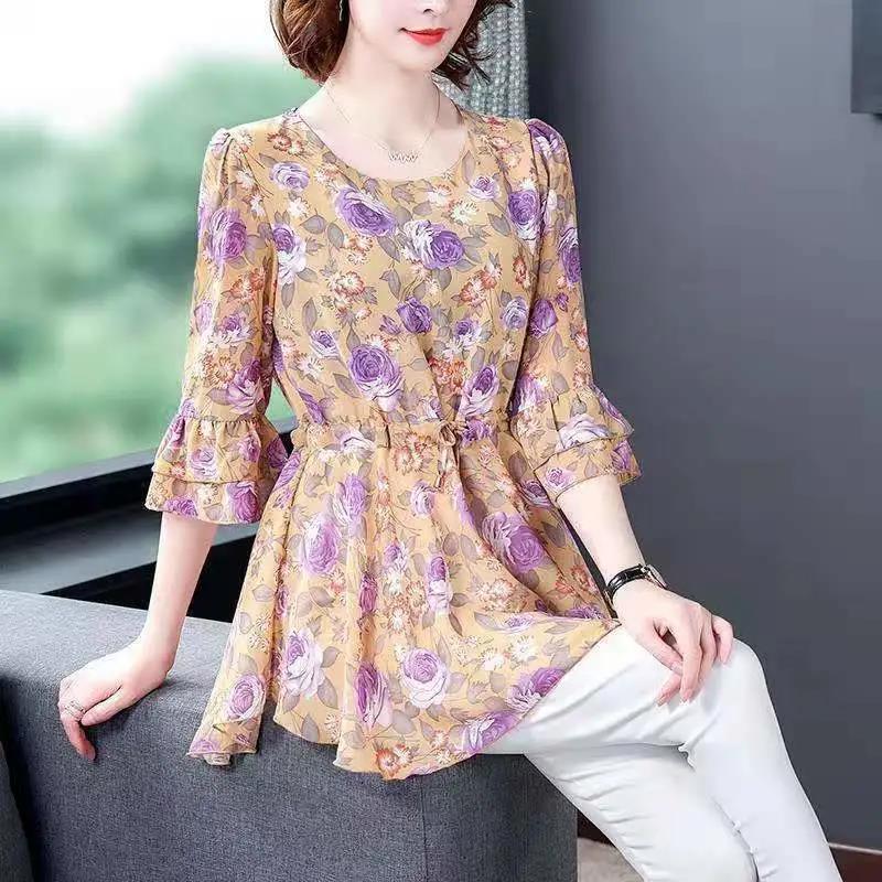 Women's Summer Half Sleeve Chiffon Shirt Printed Loose Large Size Top Mid Length