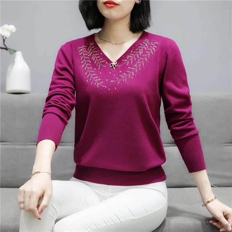 Women's Bow Knot Diamond V-Neck Sweater Solid Color Loose Pullover Long Sleeve Knit Sweater
