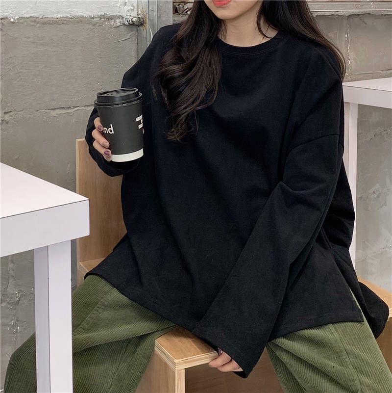 T Shirt Casual Loose Clothes Tops Harajuku Pure color Leisure Long Women Pullover Tee