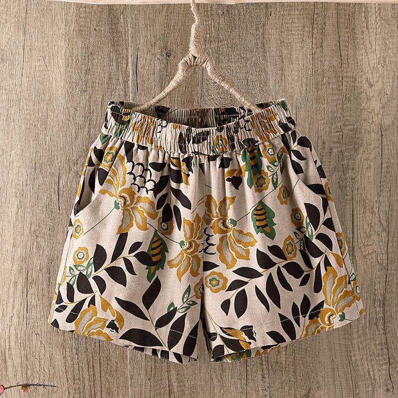 Cotton and Linen Shorts Women's Summer Loose High Waist Outer Wear Elastic Waist Thinner Casual Wide-legged Five-point Pants