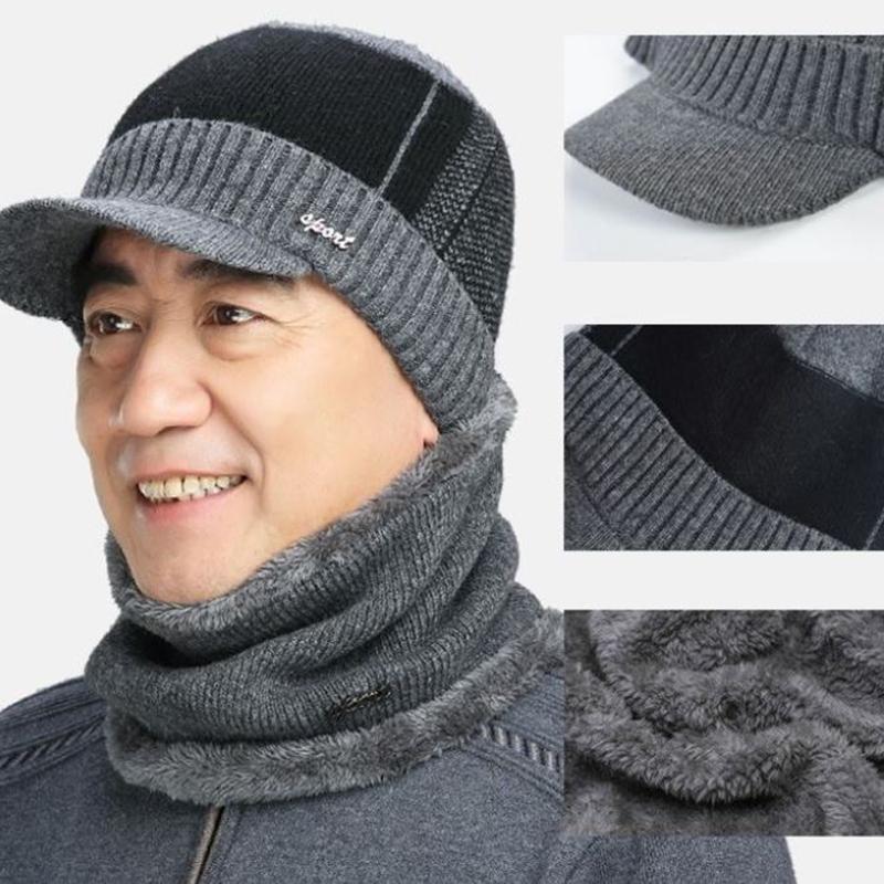 Men's Wool Hat and Bib Set Winter Ear Protection Thickened Plus Fleece Knitted Hat with Eaves Warm Hat for Middle-aged and Elderly Men
