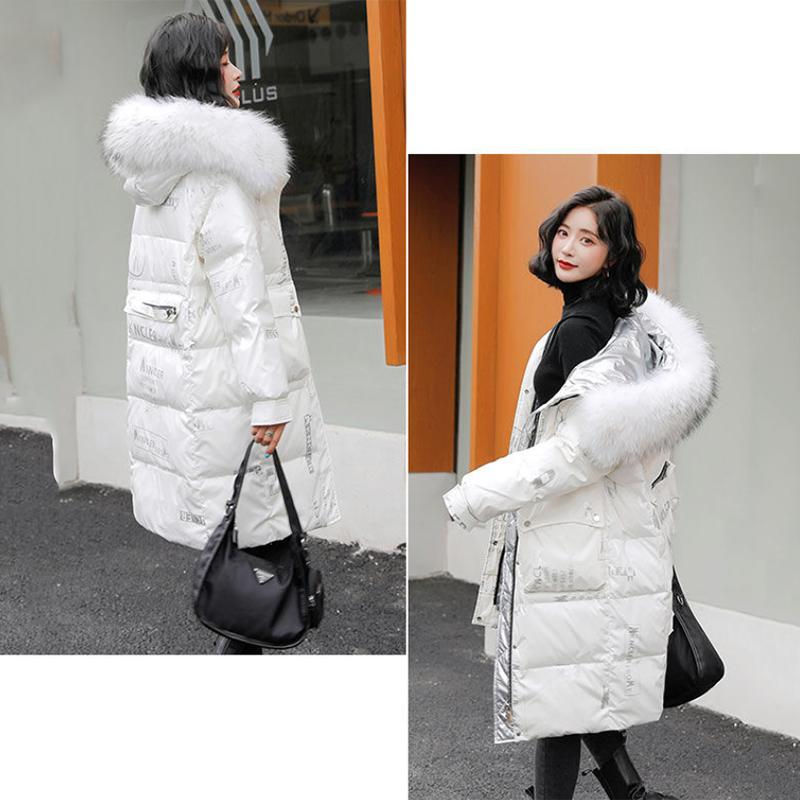 Women's Winter Korean Loose Quilted Coat Warm Down Jacket with Fur Collar Women's Glossy Mid-length Down Jacket