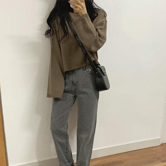 Autumn and Winter All-match Long-sleeved Pullover Girl Student Short Loose Bottoming Coat Coat Sweater