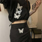 Black Butterfly 2 Pieces Ladies Suit Skirt Spring and Summer Short Sleeve Casual Vacation Office Home