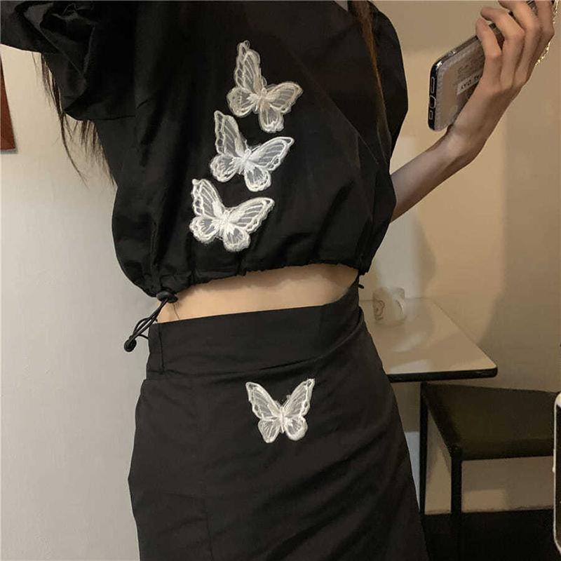 Black Butterfly 2 Pieces Ladies Suit Skirt Spring and Summer Short Sleeve Casual Vacation Office Home