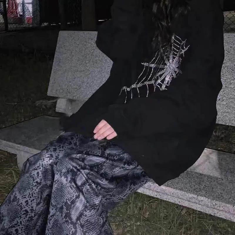 Spring and Autumn Rhinestone Spider Web Rhinestone Zipper Sweater Loose Couple Cardigan Jacket