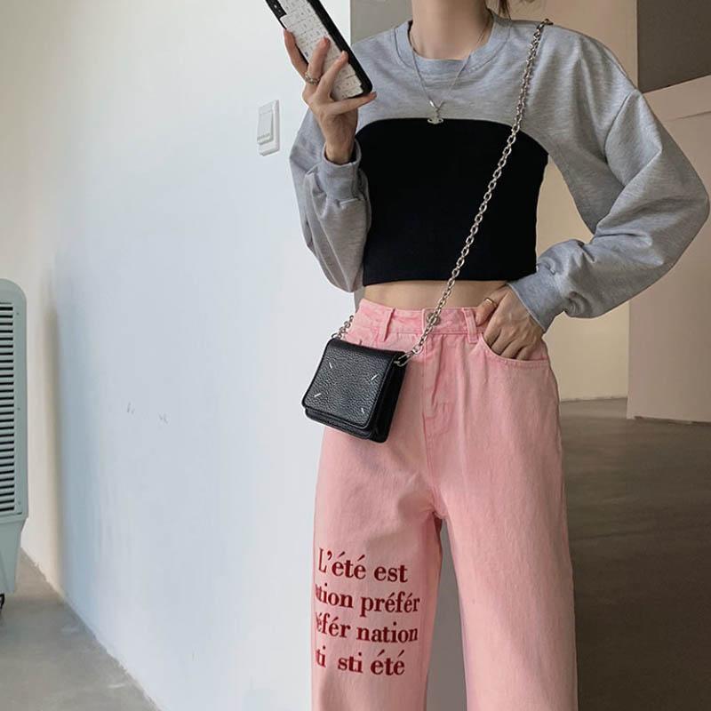 Pink Letters Embroidery Jeans Large Size High Waist Loose Straight Casual Long Pants