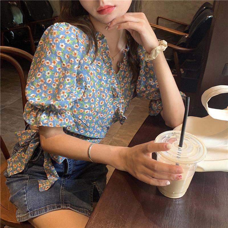 Puff Sleeve Floral Short-sleeved Chiffon Shirt Women's Summer Korean Design High-waist Short Top