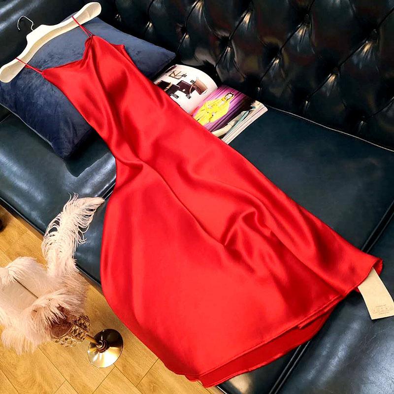 Ladies Satin Deep V-neck Sexy Dress Solid Color Straight Pajamas Party Dress Elegant Female Summer Suspender Skirt Casual