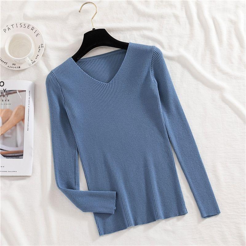 Women's Autumn and Winter V-neck Elastic Slim Sweater Versatile Large Size Knitted Pullover Long Sleeve Bottoming Sweaters