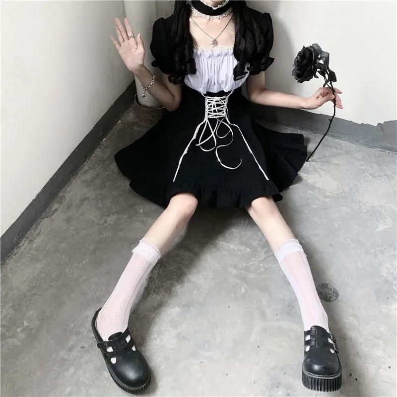 Lolita Style Puff Sleeve Bandage Sweet Sailor Collar Lace Dress Kawaii Ruffles Girl Cosplay Japanese Dress