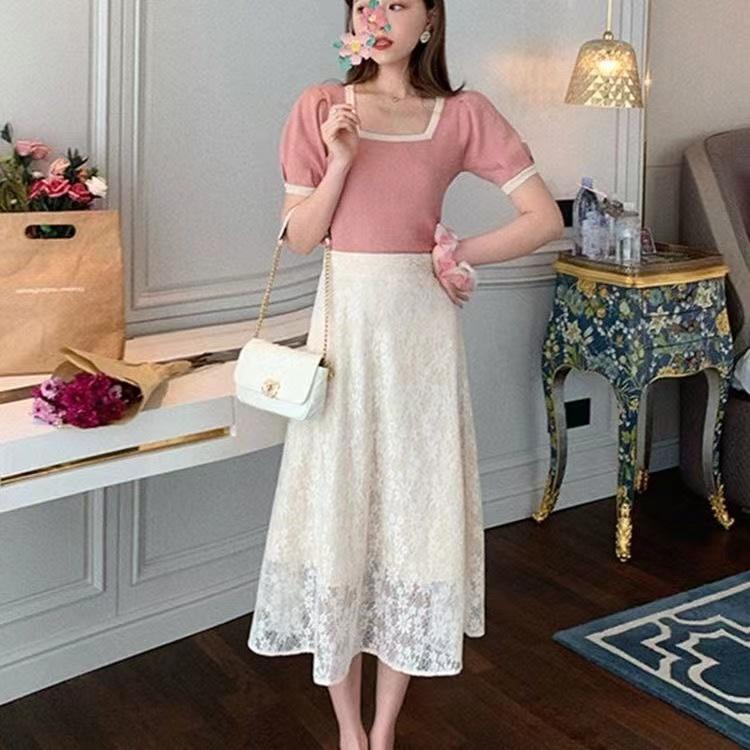 Two Piece Skirt Set Women's Short Sleeve T-Shirt Lace High Waist A-Line Skirt Mid Length Casual Elegant Summer Skirt Set Hollow Flower Embroidered