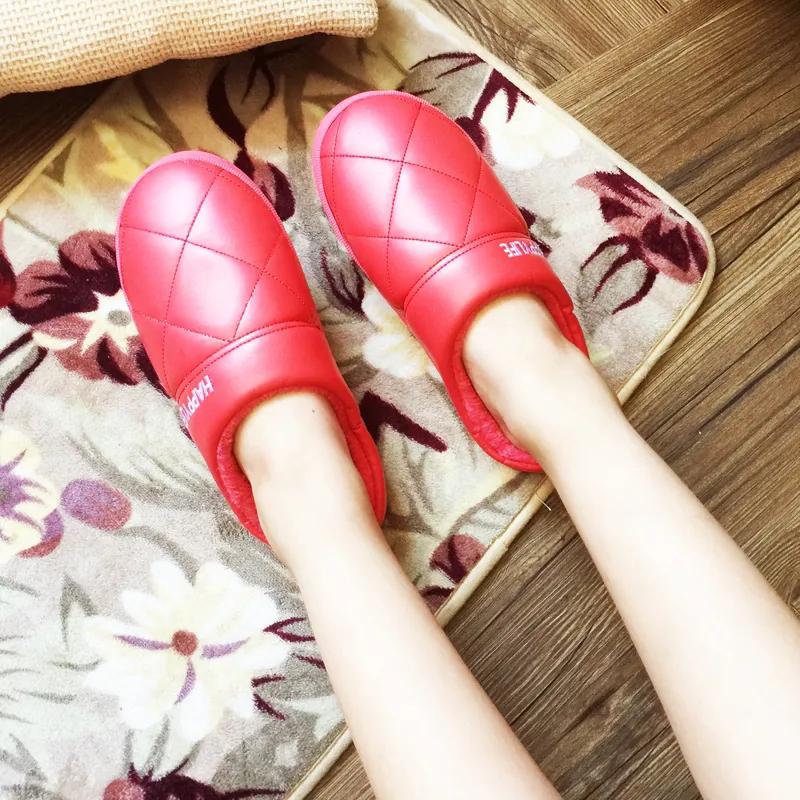Winter Platform Slippers Women Leather Waterproof Plus Size Mens Thick Fleece Warm Cotton Shoes Home Indoor Casual Non Slip Slides  Winter Slipper