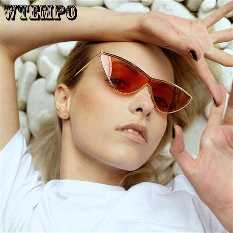 WTEMPO Fashion Metal Frame Cat Eye Sunglasses Women Brand Designer One-piece Frame Anti-UV Pink Mirr