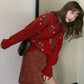 Autumn and Winter Women's Sweater Korean Loose Round Neck Pullover Retro Cherry Pattern Top