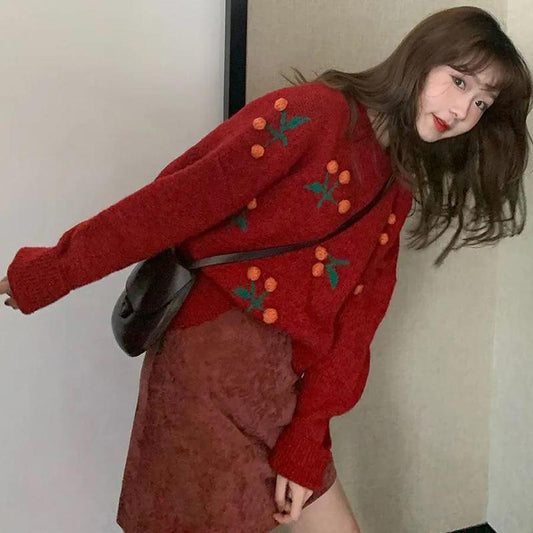 Autumn and Winter Women's Sweater Korean Loose Round Neck Pullover Retro Cherry Pattern Top