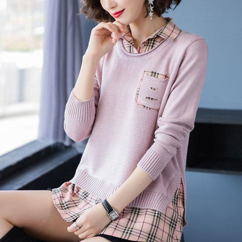 Spring and Autumn Shirt Collar Knitted Top Loose and Thin Long Sleeve Top Fashion Casual Women's Undershirt