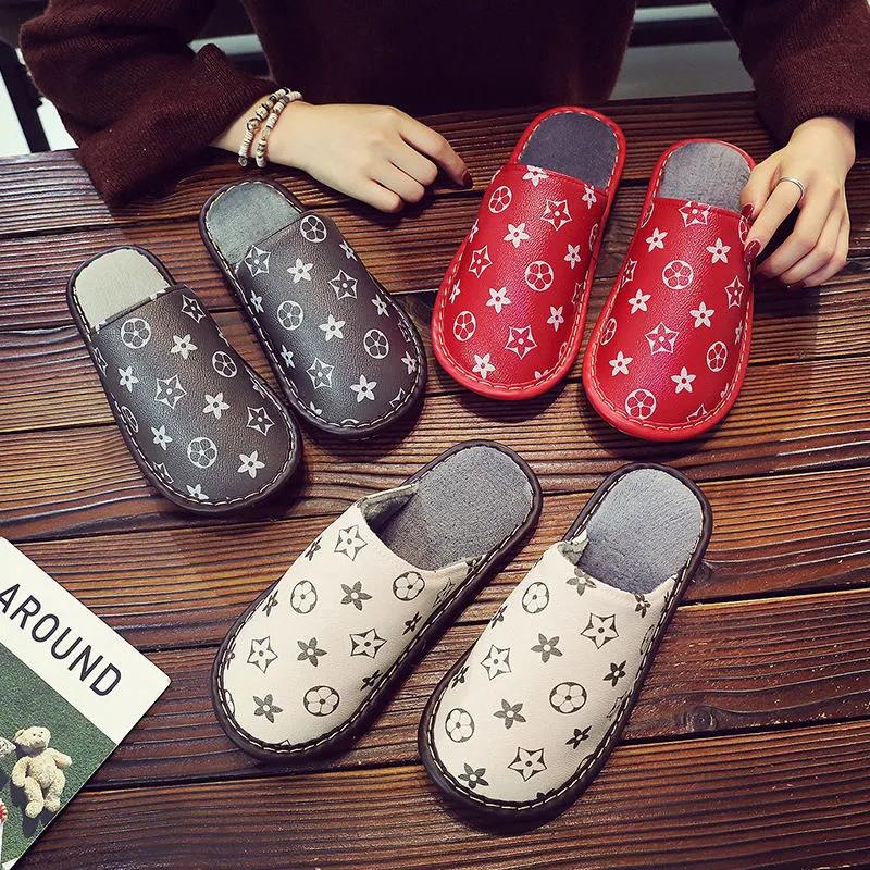 PU Waterproof Slippers Women Men Winter Plush Keep Warm Flat Home Shoes Woman Soft Comfort Female Shoes Sewing Interior Slipper
