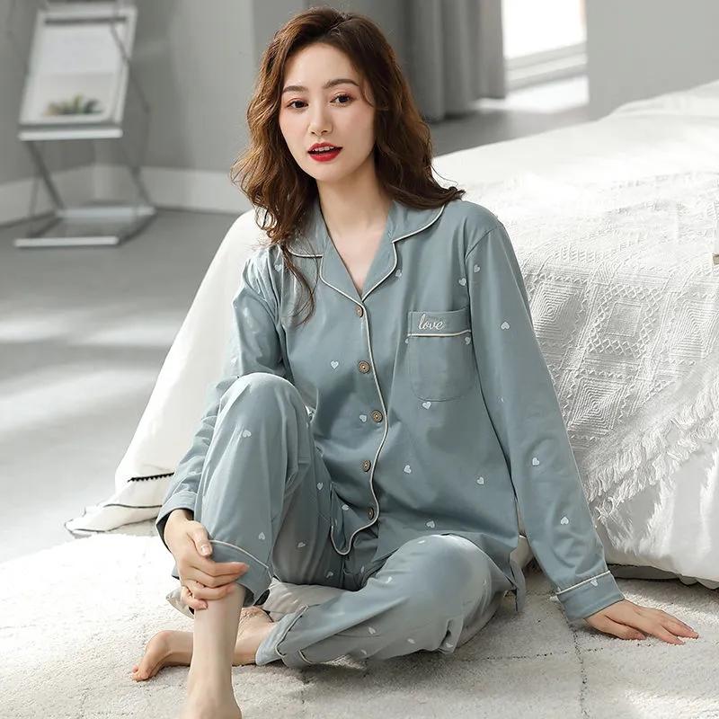 Women's Spring Cotton Pajamas Set Long Sleeve Loose Korean Heart Printing Casual Sweet Home Wear Two Piece Set Lapel Collar Button Sleeping Suit