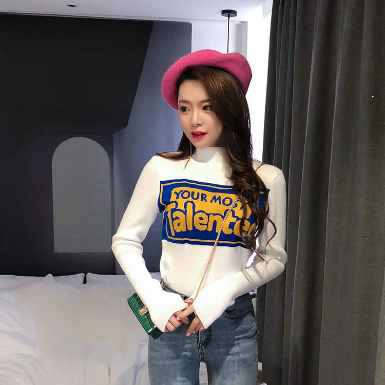 Pofulove Colorblock Lettering Turtleneck Sweater Hong Kong Style Retro Bottoming Slim Fit