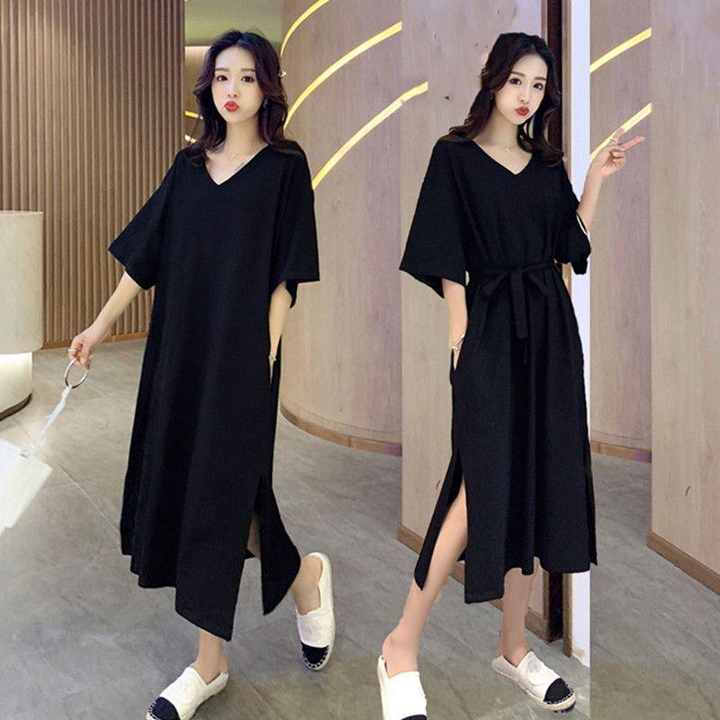 WTEMPO Plus Size Ladies Dress with Belt Summer 1/2 Sleeve V-neck Solid Color Side Split  Long Dress Casual Mid-calf Length